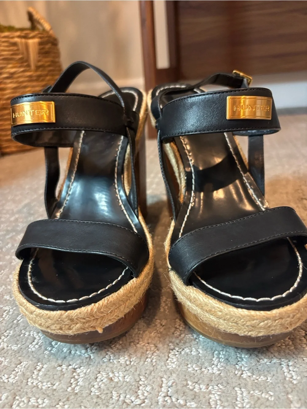 HUNTER Gonave Leather and Wood Block Heel Platform Espadrille Sandals, 9 GUC